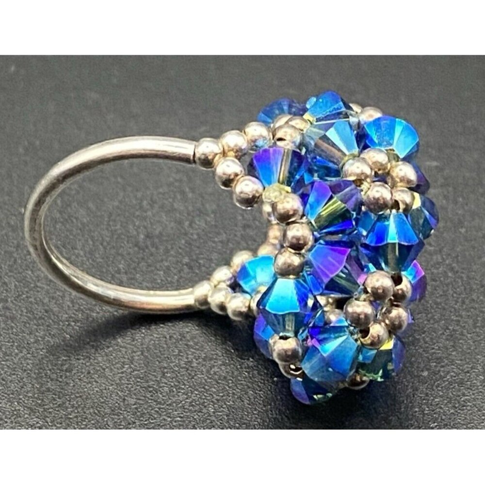 Tested Sterling Silver Ring Blue AB Bicone Crystal Dome Woven Bead Size 6 Floral - Picture 3 of 12